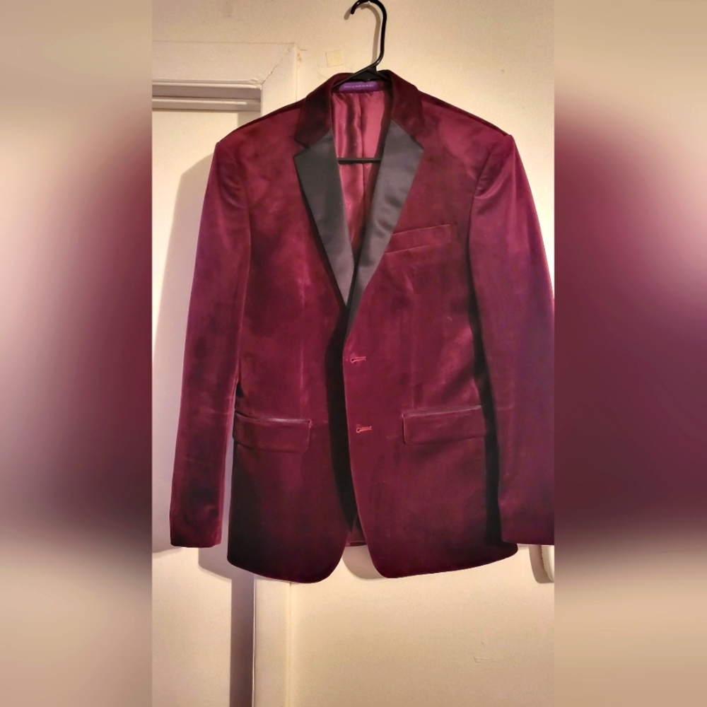Men's Burgundy/Black Velvet suit jacket with silk collar